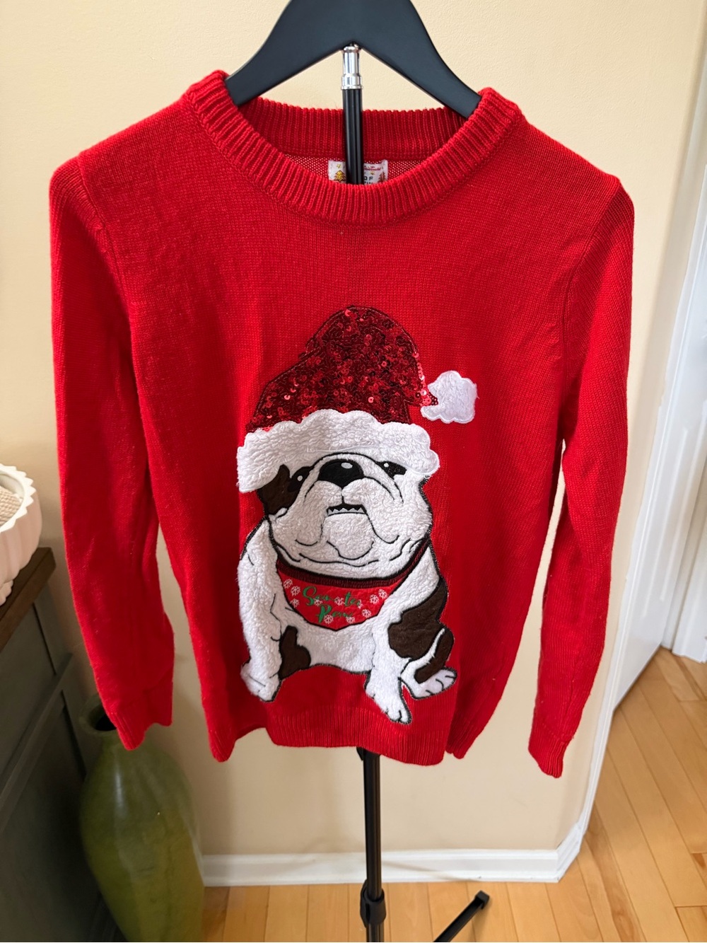 Poof New York Santa Paw Bulldog Christmas Sweater Red Sequin Sherpa Women’s M